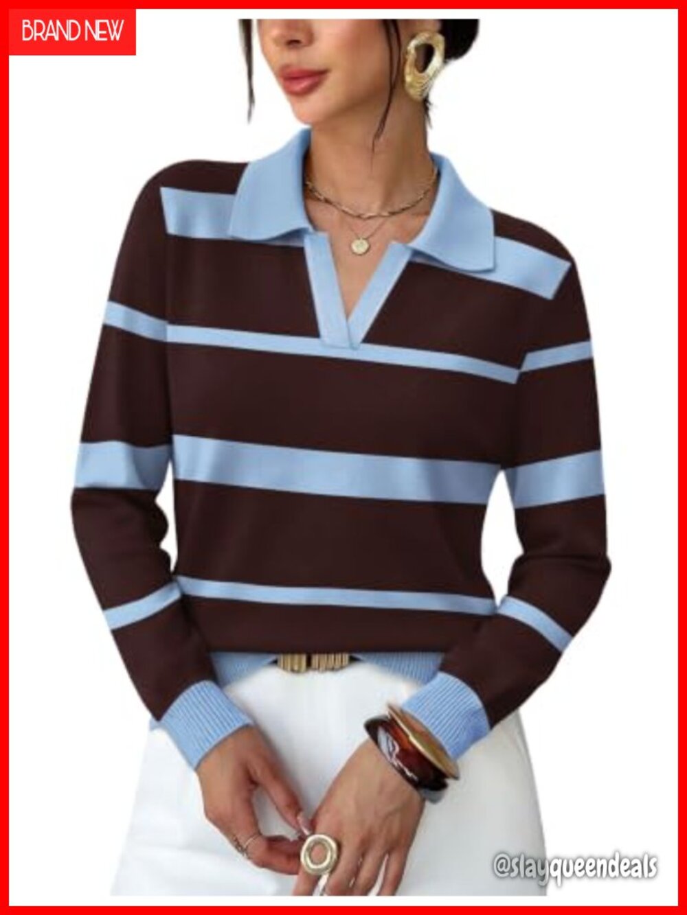 Women's Long Sleeve V-Neck Polo Collar Pullover Sweater Business Casual